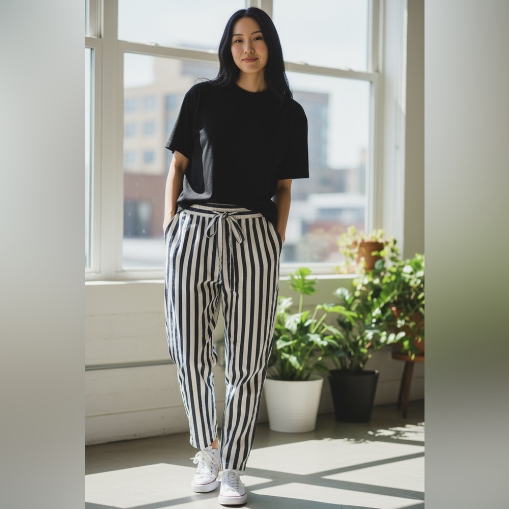 ZARA Navy White Striped Paperbag Waist Pants Size 8 - Picture 4 of 13